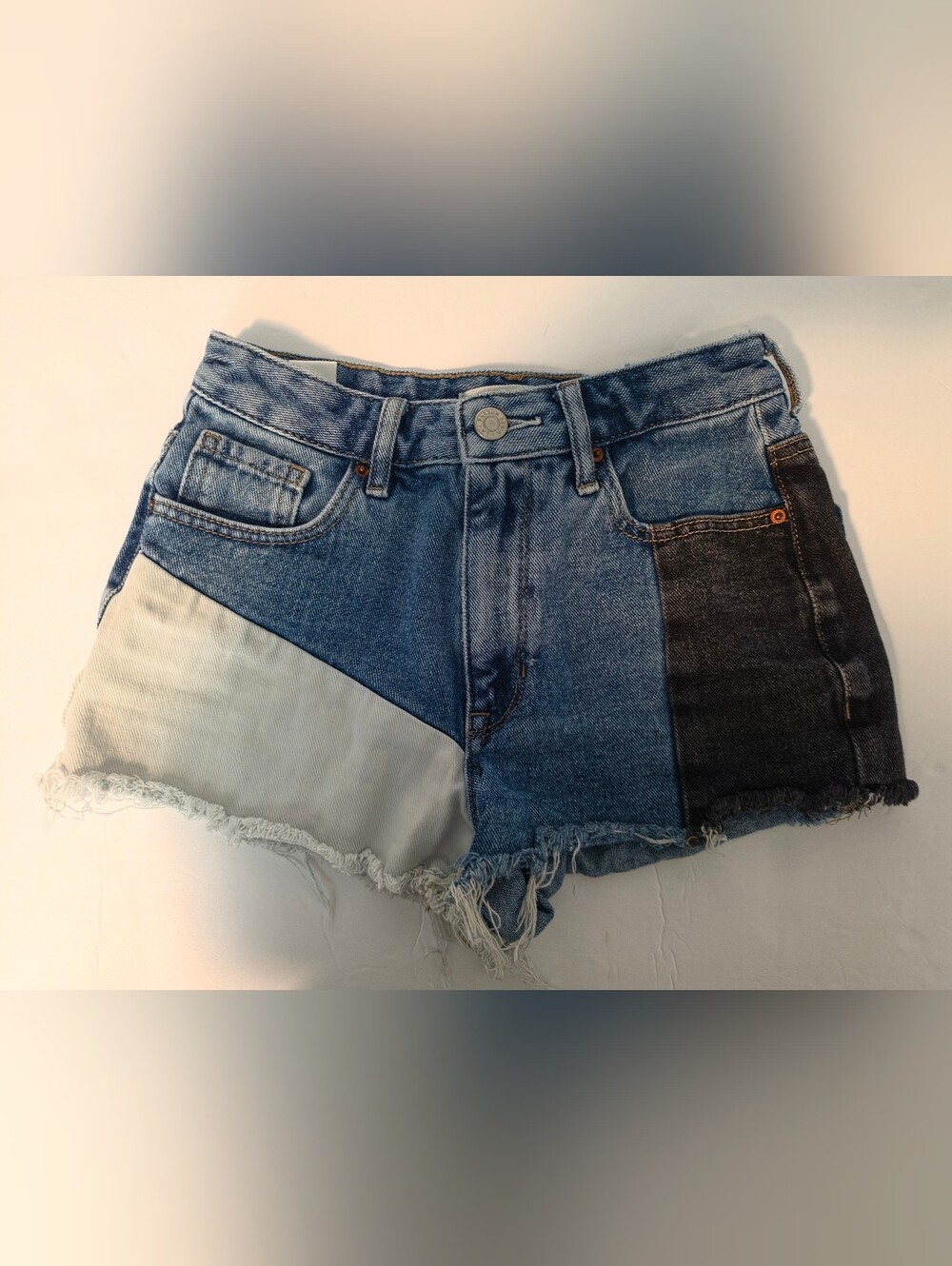 PacSun Women's Patchwork Denim Shorts in Blue and Black